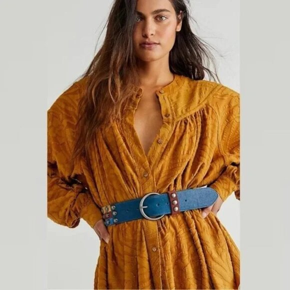 Free People Mustard Gold Textured Boho Button Down Tunic Top Oversized XS - Picture 3 of 14